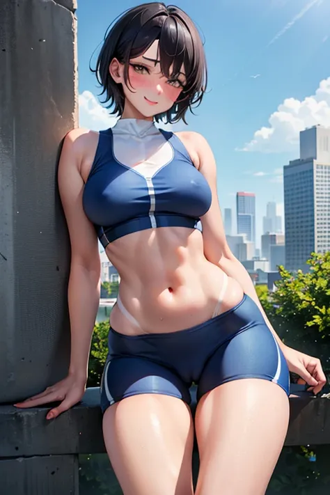 (best quality:1.1), (masterpiece:1.4), (absurdres:1.0), 1girl, very_short_hair, tomboy hairstyle, sporty hair, black hair, (medium chest), (tomboy) tanlines, looking at viewer, outdoors, (blush:1.2), city, smile, hourglass figure, nice hips, wearing tight ...