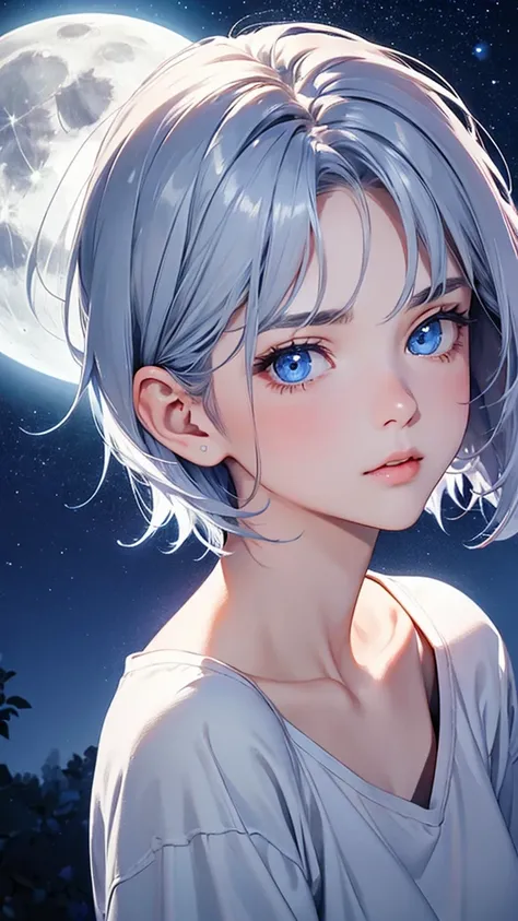 highest quality、Realistic、Night Sky、full moon、moonlight、girl、zoom、look up、cute、cobalt blue eyes、Silver Hair、Short Hair、White T-shirt、Face close-up、slender