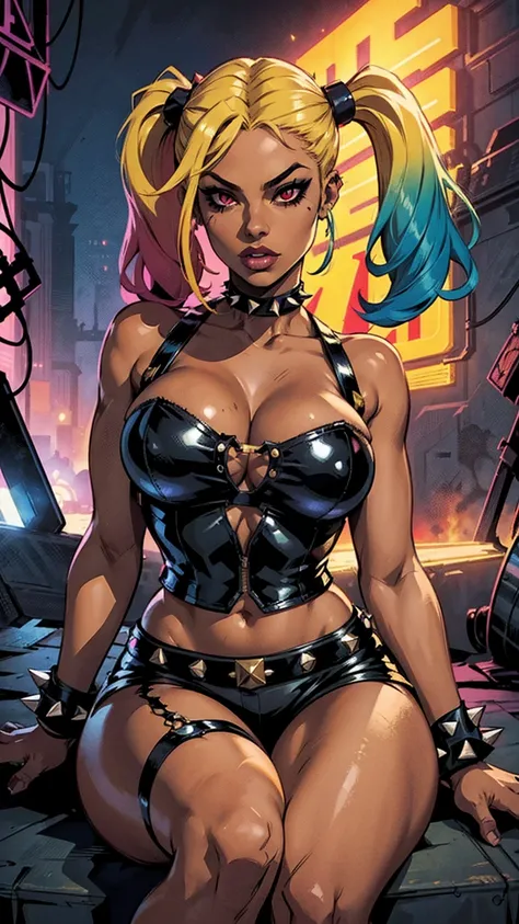 Highest quality)), ((masterpiece)), (detailed: 1.4) comic book cover style , (darkskin) black woman comic book style, wide hips, slim waist, score_9, score_8_up, score_7_up, score_9, score_8_up, score_7_up, 1girl, sitting, legs open, red eyes, thick black ...