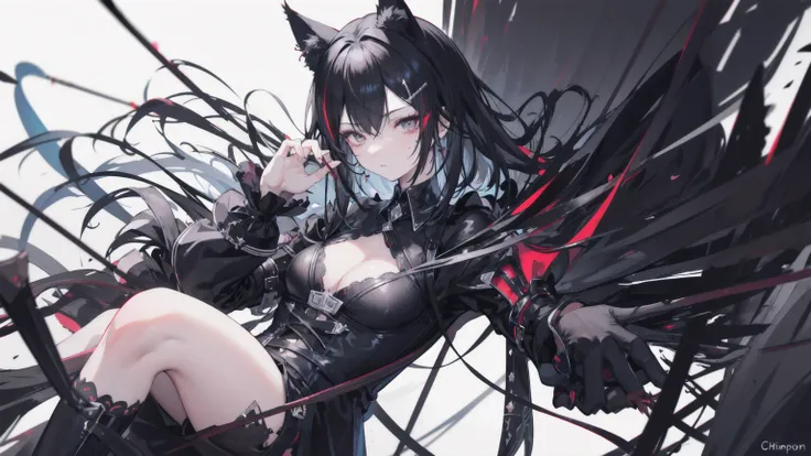 black hair, colored inner hair, hairpin, mole under eye, cat ears, smelling, Gothic art, chiaroscuro, chromatic aberration, 8k, super detail, anatomically correct, textured skin,Holding a spear