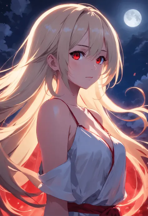 Anime Detailed, ((masutepiece,Best Quality)), Vampire, Beautiful detailed eyes, Detailed face, (Full body:1.2), White long hair, Red Eyes, Big sized breasts, (Moonlight background:1.2), bloody particles, Shaded face