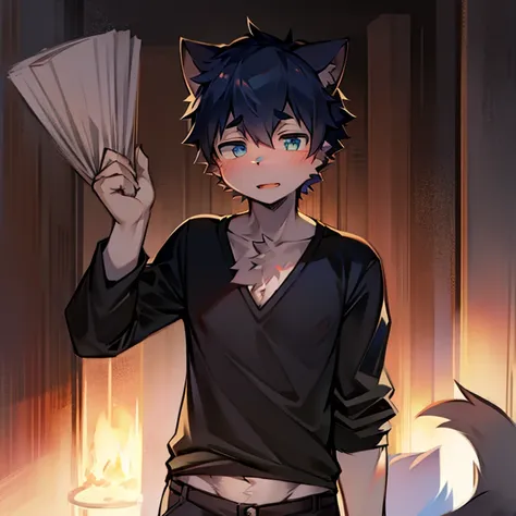 a drawing of a person with a cat ears and a shirt, tall anime guy with blue eyes, male anime character, fluffy chest, anime hand...