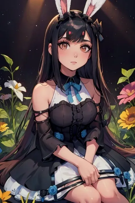 a black haired woman with brown eyes with an hourglass figure with black bunny ears in a cute lolita dress is sitting in a field...