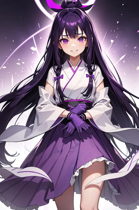 1girl, Dark purple hair, long hair, high ponytail hair, side bangs, purple bow, glowing purple eyes, (purple gloves + white light purple hakama,), brown boots, Katana, full body shot, serious expression, Solo, High quality, detail hands, Smile with teeth, ...