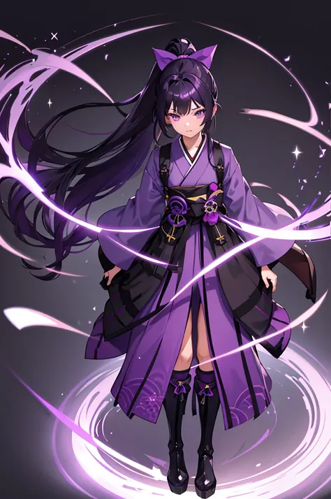 1girl, Dark purple hair, long hair, high ponytail hair, side bangs, purple bow, glowing purple eyes, (purple gloves + light dark purple hakama,), brown boots, Katana, full body shot, Solo, High quality, detail hands, sexy facial expression