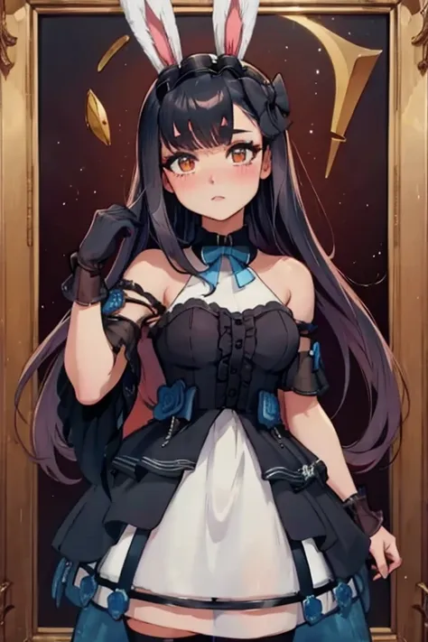 a black haired woman with brown eyes with an hourglass figure with black bunny ears in a cute lolita is blushing while holding a...