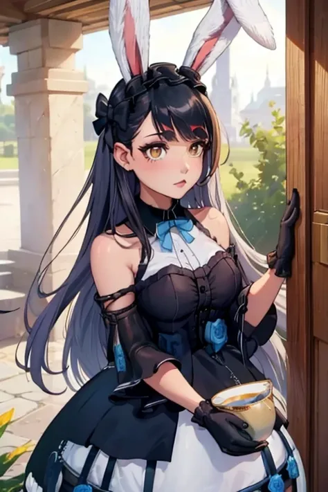 a black haired woman with brown eyes with an hourglass figure with black bunny ears in a cute lolita is serving tea in the garde...