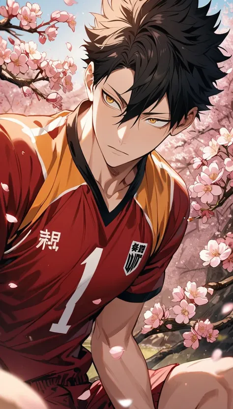 Ultra detailed, Highres, absurdres, Kuroo Tetsurou, black hair, golden eyes, red volleyball uniform, Haikyuu, spring, blossoms, petals, extremely handsome, sexy man, toned chest, solo, very detailed eyes and face, red shorts, Krozseria is written on his re...