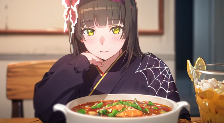 Masterpiece, Best Picture Quality, (Ultra-High Definition), 8K, (Realistic:1.4), (Photorealistic:1.4), Shallow Depth of Field, Half-rim Lighting, Lens Flare, Cute Woman, (Adult:1.4), Bangs, Blush, Yellow Eye, (Restaurant), ((white stew on table)), Te,tsuki...