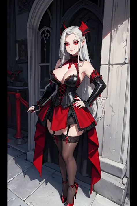 female, silver long hair with black highlights, red eyes, vampire, (((1girl))), (((red gothic dress with black accents))), (black corset), (black fingerless opera gloves), (black stockings), (red heels), cute and sexy, large breasts, large butt, full body,...