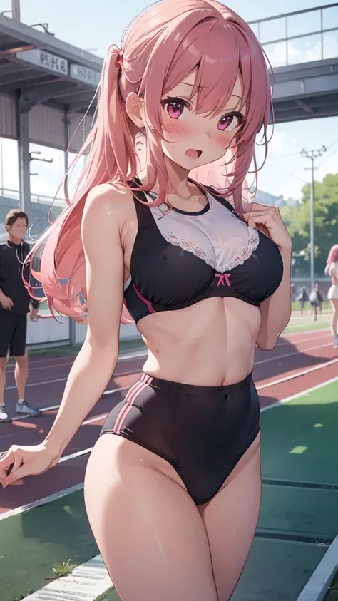 mastute piece,Best Quality,insanely detailed,8k cg,
shoot upper body,
1girl,standing,body in front,looking at viewer,(running-bras,running-briefs),
blush,shy,(trembling:1.2),pink hair,break,open mouth,large breast,(track field:1.2),