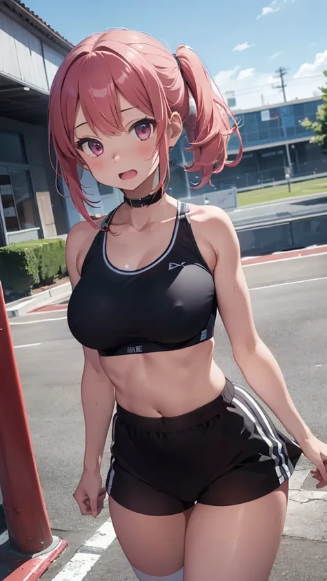 mastute piece,Best Quality,insanely detailed,8k cg,
shoot upper body,
1girl,standing,body in front,looking at viewer,(runner,white running-bras,running-briefs),
blush,shy,(trembling:1.2),pink hair,break,open mouth,large breast,(track field:1.2),