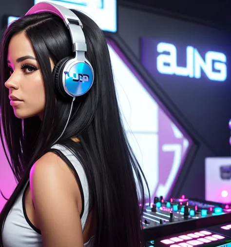 female DJ, headphones, long black hair, big-breasted, nightclub, looking at viewer