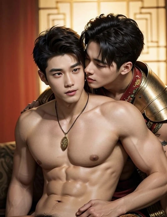 Two  handsome boys kissing, smiling at each other,hugging, kissing, touching lips, cuddle, Chinese Men God, Mythology, realistic, Chinese odyssy, super Handsome,manly,  kpop idol, handsome korean actor, 20 years old,, detailed face, manly jawline, detailed...