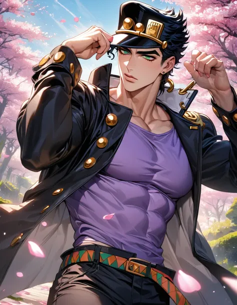 absurdres, highres, ultra detailed, HDR, master piece, best quality, extremely detailed face and eyes, Jotaro Kujo, black hat, black hair, expressive green eyes, jojo bizarre adventure, solo, sexy man, handsome, black leather coat, purple shirt, black pant...