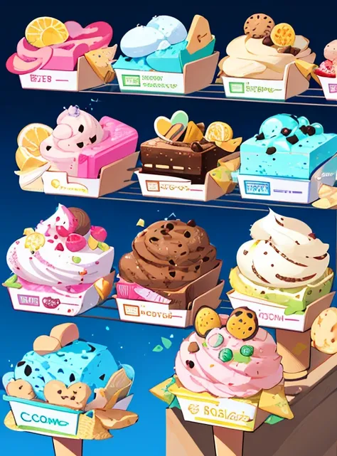 Individual stickers， 1sticker， （ice cream），（cookies）， blue background， nothing background， simple background， dk， adorable， pastel colour， vector style， no gradient，Refinement。Various foods, sweets