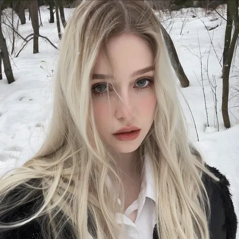 mujer rubia con pelo largo en el bosque invernal con nieve., anna nikolanova aka newmilky, cabello largo y rubio y ojos grandes,...