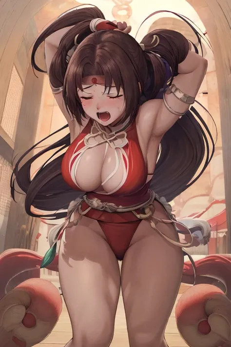 masterpiece, best quality, beautiful art, high resolution, well formed hands, body and fingers, 1 woman, solo, Mai Shiranui, adult, hair ornament,  big breasted, cleavage, full body, long hair,  wearing a sexy dancer outfit, sexy and skimpy Japanese clothe...