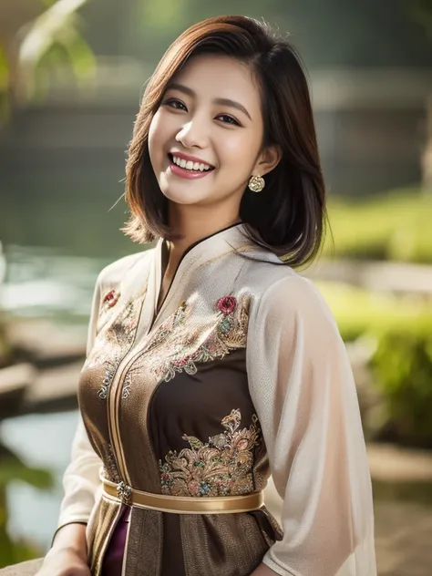 (Best quality, high resolution, Masterpiece: 1.3), a beautiful woman with a slender figure, (dark brown layered hairstyle), wearing a pendant, ((kebaya_bali)) outdoors, scenic beauty, lakes and mountains in distant background, details in face and skin text...