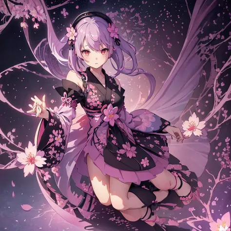 1 Girl,Gothic  with Japanese pattern、(Cherry blossom fractal art to surround a figure:1.５)、(star:1.1) (flower:1.3)、pastel colour、Halloween、、The background is an abandoned castle、Purple Full Moon、Gray Hair、universe。Milky Way、Aurora、Pink and orange light sou...