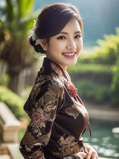 (Best quality, high resolution, Masterpiece: 1.3), a beautiful woman with a slender figure, (dark brown layered hairstyle), wearing a pendant, ((kebaya_bali)) outdoors, scenic beauty, lakes and mountains in distant background, details in face and skin text...