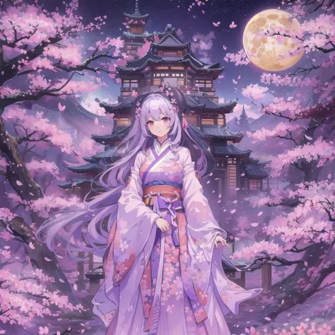 1 Girl,Gothic  with Japanese pattern、(Cherry blossom fractal art to surround a figure:1.５)、(star:1.1) (flower:1.3)、pastel colour、Halloween、、The background is an abandoned castle、Purple Full Moon、Gray Hair、universe。Milky Way、Aurora、Pink and orange light sou...