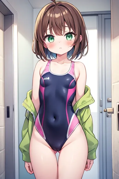 1girl,competition swimsuit kinomoto sakura, solo, green eyes, brown hair, short hair, antenna hair, shiny clothes, changing room,shiny, looking at viewer, flat chest,blush,pussy,wet clothes,crying face,high reg