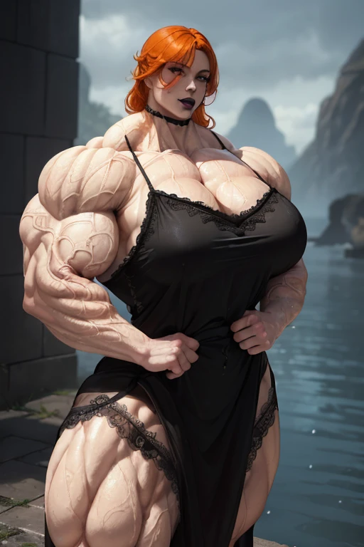 (((((Massive, tall, beautiful, buff, wet, pale white skinned muscular woman with orange hair, black lipstick, ginormous bulky muscles and wearing a beautiful long black lace nightgown))))), black eyeliner, massive muscle, massive biceps, hyper muscle trice...