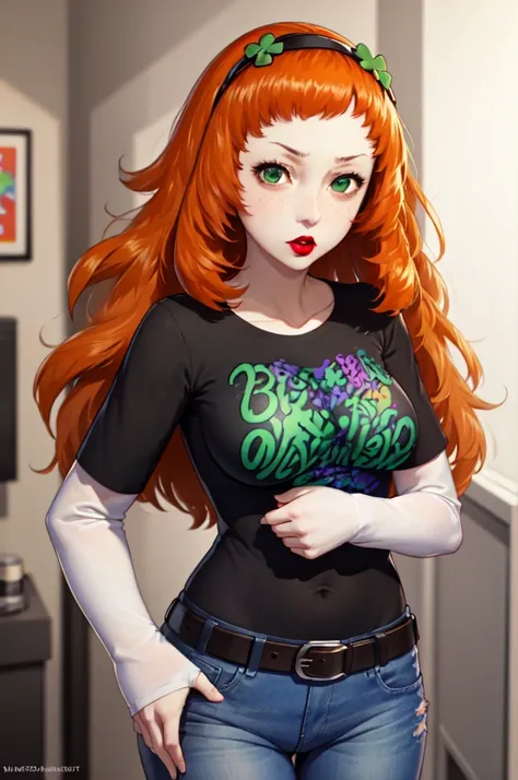 (masterpiece, best quality:1.2), vivian james, orange hair, hairband, four-leaf clover, 1girl, solo, standing, black t-shirt, wh...