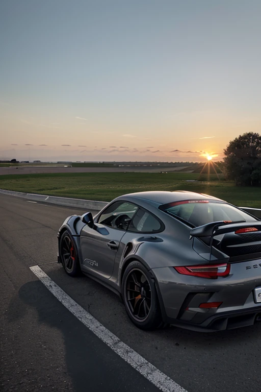 Porsche 911 gt3 rs driving into sunset facing forward