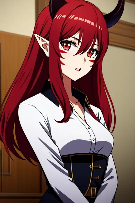 ((best quality)),((highly detailed)),masterpiece,absurdres,detailed face,beautiful face,(detailed eyes, deep eyes),1girl,((dynamic pose))  Arnes, red eyes, red hair, solo, horns, pointy ears, hair between eyes, upper body, slit pupils, open mouth, long hai...