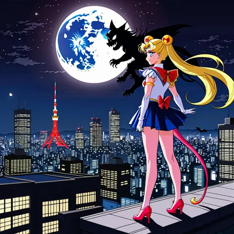 Sailor moon in her magical form is standing on her rooftop watching a shadow monster descend upon Tokyo, her magic is tingling, night time