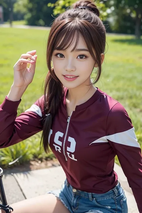 cute japanese college student、21 years old、Super detailed face、Attention to detail、double eyelid、Beautiful thin nose、Sharp focus:1.2、Beautiful woman:1.4、(Maroon brown hair、Ponytail Hair)、（Detailed facial features）、Brunette eyes、natural bangs、White skin、hig...