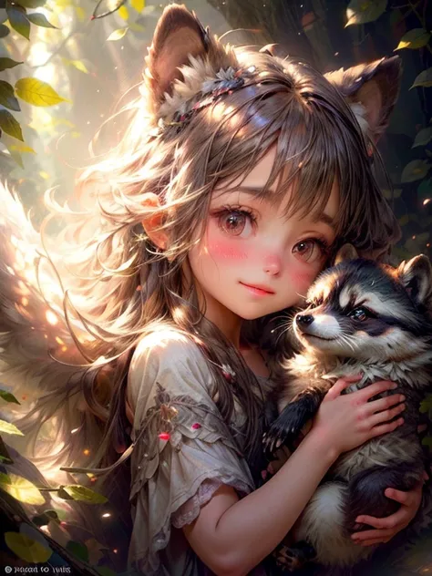 cute littlegirl, , A spirit of a raccoon dog, back  shot,
(best quality,4k,8k,highres,masterpiece:1.2),ultra-detailed,(realistic,photorealistic,photo-realistic:1.37),illustration,cozy atmosphere,ethereal,mythical creature,forest foliage,magical aura,fairy ...