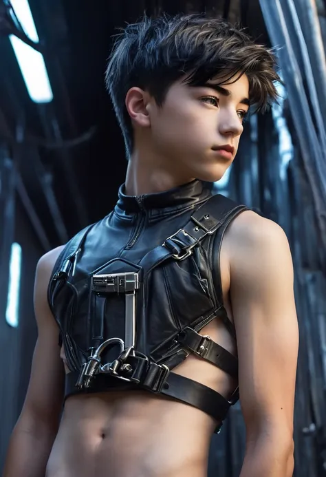 a detailed realistic photo of a young beautiful twink 18-year-old caucasian boy cyberpunk shadow hunter with a realistic pretern...