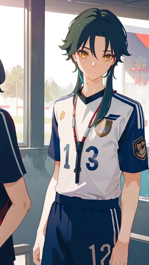 2 boys,dark green hair,highest quality,masterpiece,excessive,male focus,yellow eyes,beautiful eyes,beautiful boy,School,between men,Spouse,soccer club members,Blue soccer uniform,soccer,high school,soccer uniform,blue clothes,soccer court,teammate,same clo...