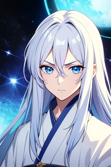 (high quality，Its fascinating)，(Expressive eyes，perfect face)1male，male，solo，Short height，teen age，Very long hair，White hair with blue streaks and highlights，Messy hair，Show forehead，Light blue eyes，Serious expression，White Hanfu，Fantasy Mage Costume，Venus...