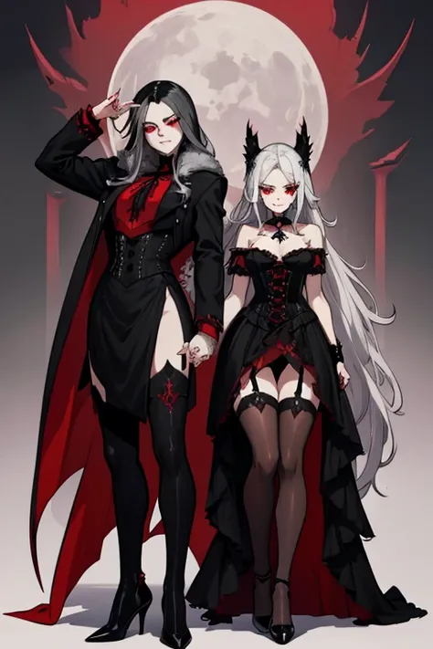 female, silver long hair with black highlights, red eyes, vampire, (((1girl))), (((red gothic dress with black accents))), (black corset), (black fingerless opera gloves), (black stockings), (red heels), cute and sexy, large breasts, large butt, full body,...