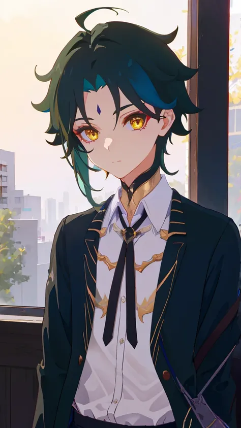 1 boy,dark green hair,highest quality,masterpiece,excessive,male focus,yellow eyes,beautiful eyes,beautiful boy,student,cutter shirt,cardigan,