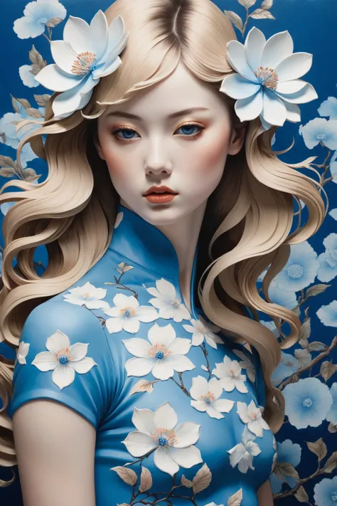 chiaroscuro technique on sensual illustration of an gymer , retro and vintage ,silky flower around body, matte painting, by Hannah Dale, by Harumi Hironaka, extremely soft colors, Blue and white porcelain,Ceramic material，femele，Embossed petals，artwork of ...