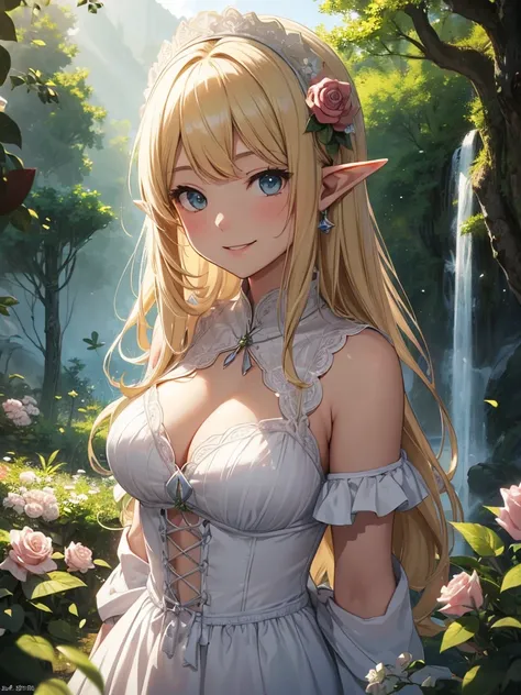 最high quality、Best image quality、masterpiece、Beautiful Face、、Titania、Resting on a bench、Super beautiful elf girl((22 year old office lady big bust、Bust 90,Beautiful long ironed hair、blonde、height: 165cm。thin、Beautiful dress、cowboy shot,、Esbian、spring、青いnul...