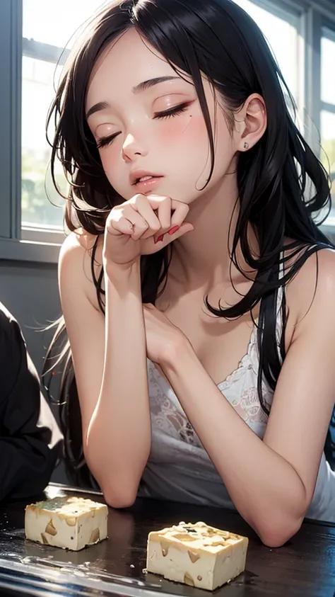 manga,1girl,((tofu on her head)),a girl sleeping on the road,19yo, eyes closed, mouth open, black hair,long hair,japanese,avenue,perfect anatomy,beautiful detailed teeth, small mouth, fresh lips,beautiful lighting, volumetric lighting, dynamic angle,  shar...