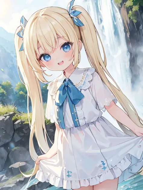 ((4K, masterpiece, highest quality)), cute,Light blonde hair, blue eyes,Very long twin tails,smile,Double teeth,close your eyes,View your viewers,Lens flare, Along the waterfall, Light fog, beautiful