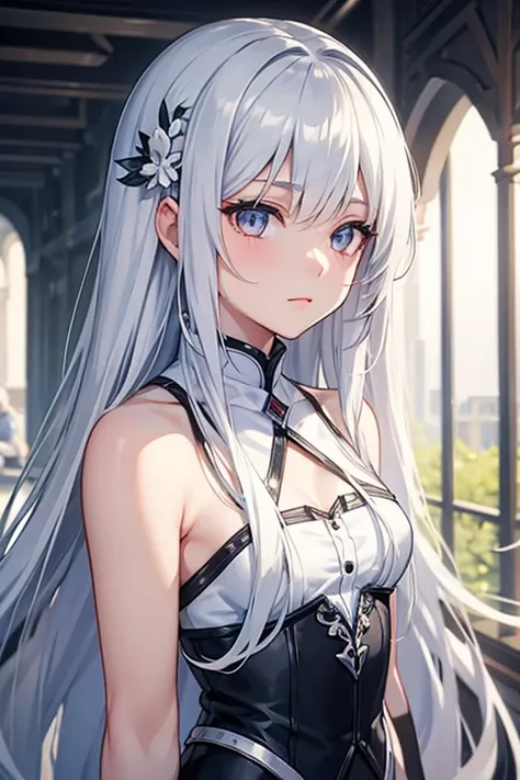 Silver Eyes，White long hair，Solitary, 1 girl，Elegant