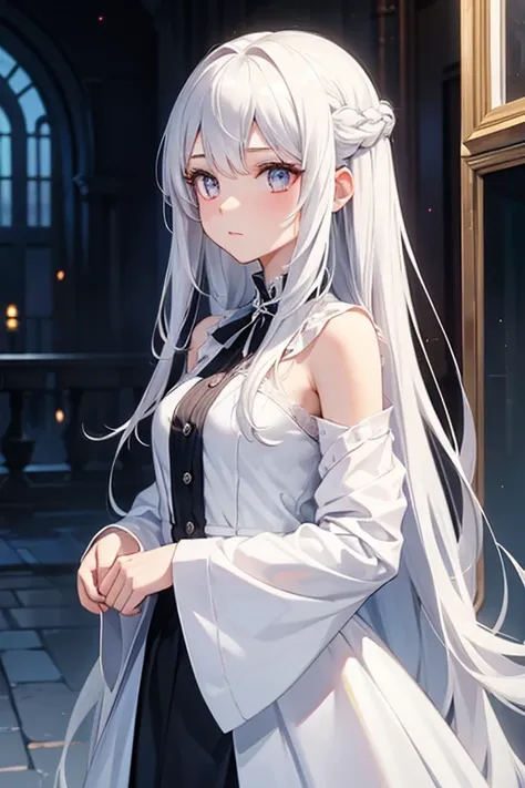 Silver Eyes，White long hair，Solitary, 1 girl，Elegant