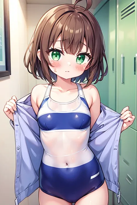 1girl,competition swimsuit kinomoto sakura, solo, green eyes, brown hair, short hair, antenna hair, shiny clothes, locker,shiny, looking at viewer, flat chest,blush,pussy,wet clothes,crying face,high reg