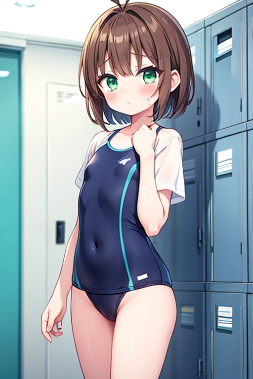 1girl,competition swimsuit kinomoto sakura, solo, green eyes, brown hair, short hair, antenna hair, shiny clothes, locker,shiny, looking at viewer, flat chest,blush,pussy,wet clothes,crying face,high reg