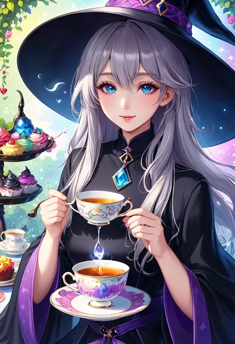 masterpiece, highest quality, magic使いのティーパーティー, magic tea party, magic, little, handsome witch, highly detailed realistic eyes, ...