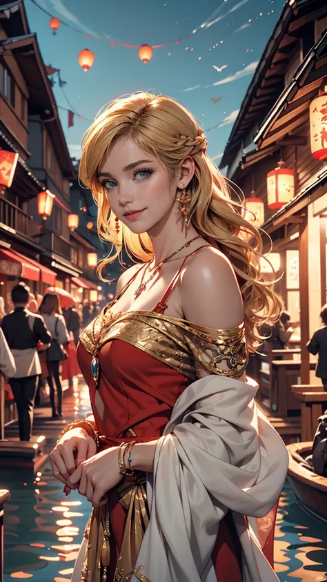 ((最high quality, 8K, masterpiece: 1.3, Ultra HD, high quality, 最high quality, High resolution, realism)) 、A 22-year-old extremely beautiful white woman、Hair color blonde、blue eyeedium Hair、Straight Hair、smile、Slender but well-proportioned body、Background b...