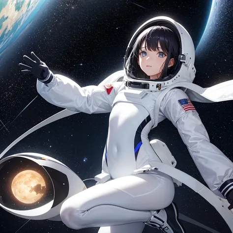 Espacio exterior repleto de estrellas brillantes. In the center a girl floating in the void dressed in a tight-fitting astronaut suit., estilo futurista. 